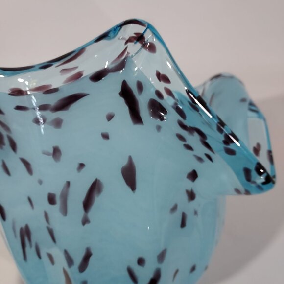 Murano Free Form Hand-Blown Blue Black Speckled Glass Vase Bowl Tulip Flower - Picture 4 of 10